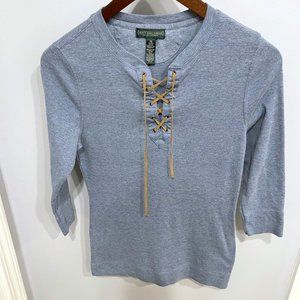 Women's Ralph Lauren 3/4 Sleeve Top w/ Leather Lace Up V-Neck (XS)